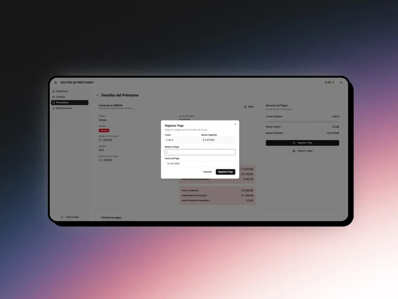 Imagen del Sistema para gestión de préstamos